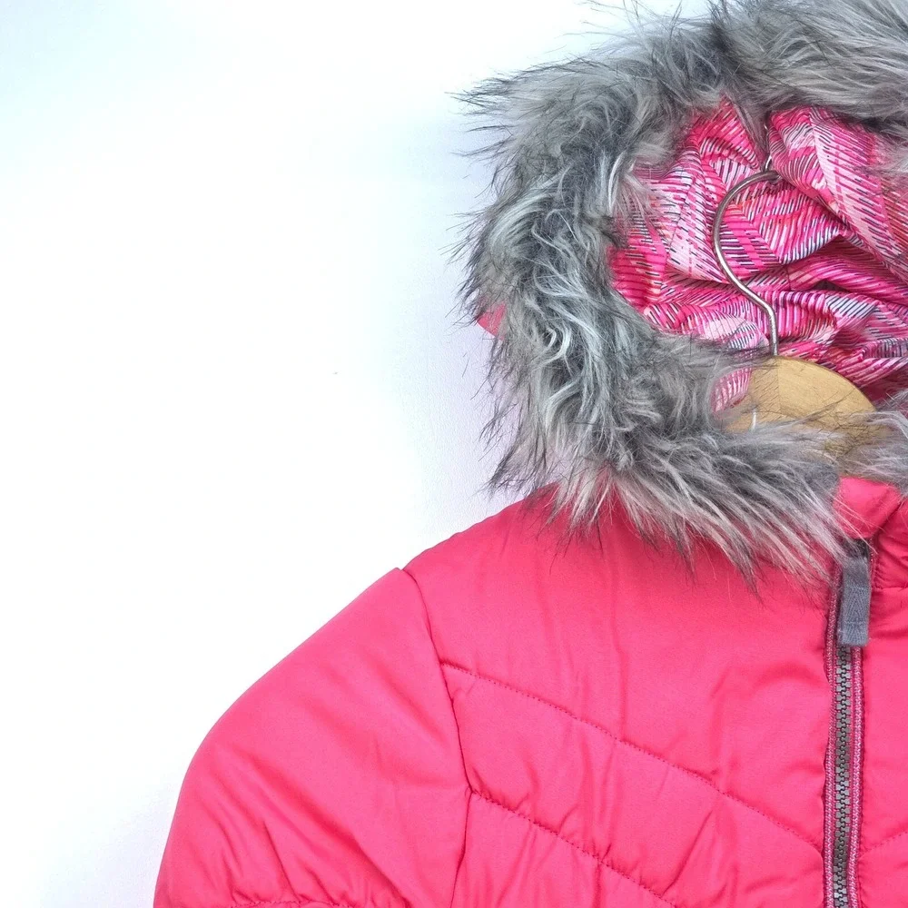 London Fog‎ Lined Puffer Jacket Girl's Large Fur Trim Hood Insulated Preppy Fun
